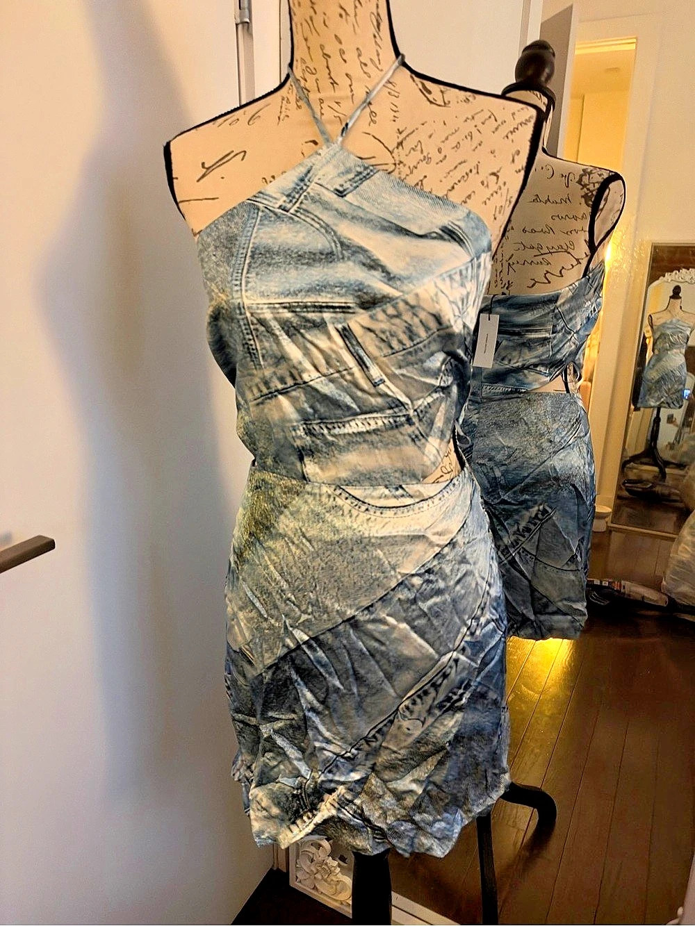 KAREN MILLEN Denim Print Satin Cut Out A-Line Dress Blue Abstract Denim Print